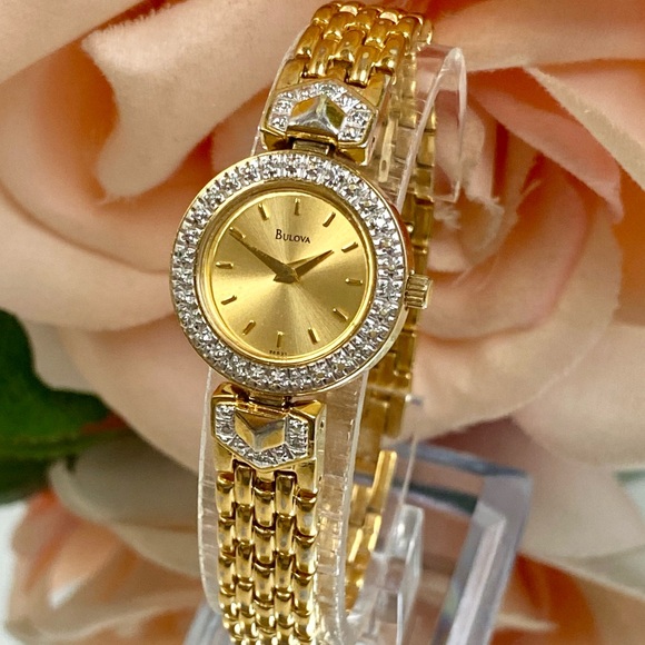Vintage 1996 Bulova Diamond Accented Bezel and Lugs Gold-tone Dress Watch - Picture 1 of 16